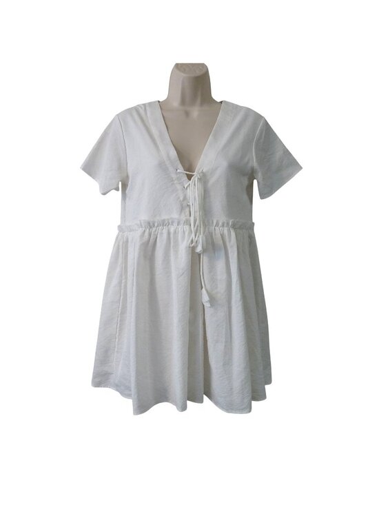hazel Dresses & Skirts - Hazel White Short Sleeve Babydoll Mini Dress Size S Lace-Up Boho Cottagecore